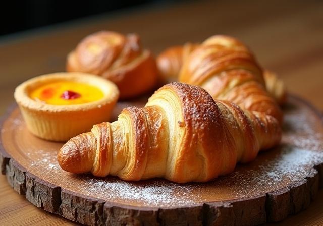 A selection of freshly baked artisanal pastries on a wooden board.